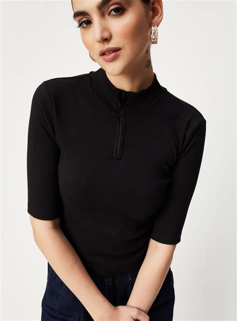 Buy Women Rib-Knit Mock Collar Top Online at just Rs. 599.0 ...