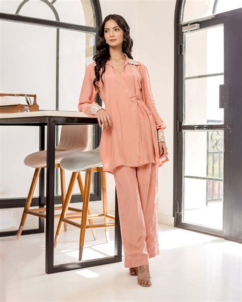 Shop Cherry Blossom Peach Solid Muslin Silk Coord Set for Women Online ...