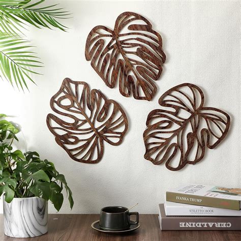 SHILP HANDICRAFT Tropical Wall Art 3 Pcs Wooden Palm Leaves Wall Decor ...