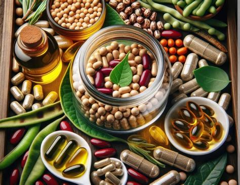 A wooden tray overflowing with soybeans capsules pills and a bottle of ...