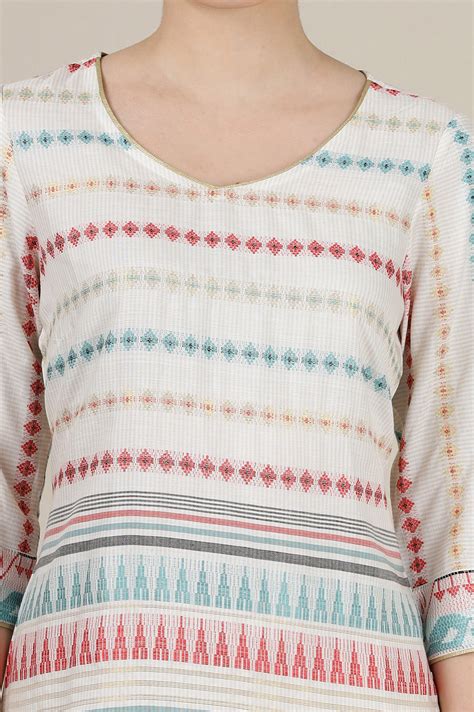 Buy Off White Yarn Dyed V Neck Straight Kurta with Abstract Print ...