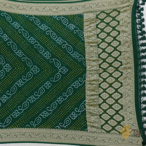 Bottle Green Pure Georgette Banarasi Handloom Bandhani Dupatta - Tilfi