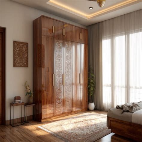 Modern Silver 4-Door Swing Wardrobe Design with Full-Length Mirror