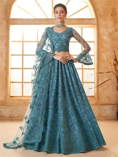 Buy Teal Blue Embroidered Net Designer Lehenga Choli From Ethnic Plus