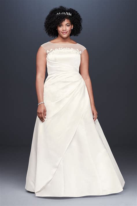 Illusion Neck Ruched Satin Plus Size Wedding Dress | David's Bridal