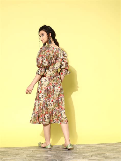 Buy Olive green Ethnic Motifs Midi Dress Online - MySilkLove