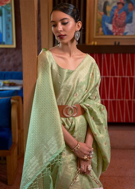 Sage Green Woven Tussar Silk Saree - Clothsvilla