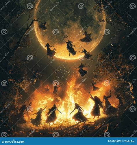 Group of Witches Flying in Front of Full Moon. Generative AI. Stock ...