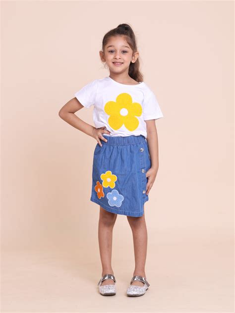 Girls' 2-Piece Summer Outfit: Yellow Floral Embroidered Short Sleeve T ...