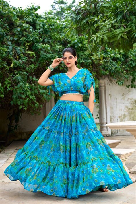 Sky Blue Effortless Elegance Chiffon Floral Print Co-ord Set