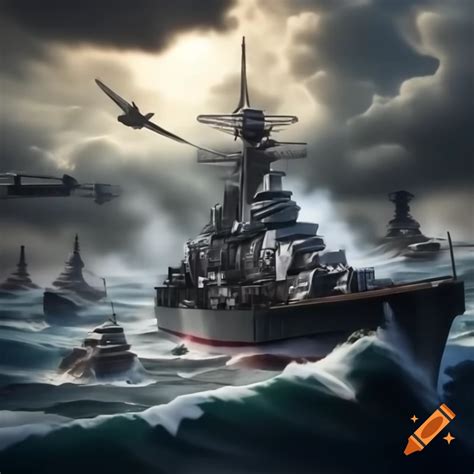 Large-scale World War II naval battle with battleships and fighter ...