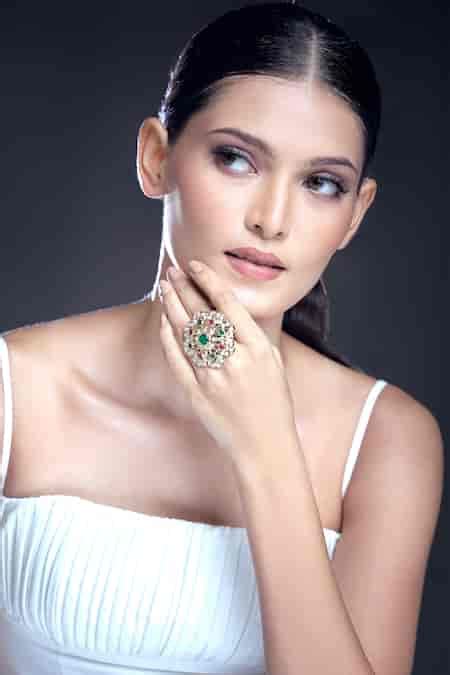 Buy Gold Plated Pearls, Rhinestones, Stones Embellished Ring by Moh ...
