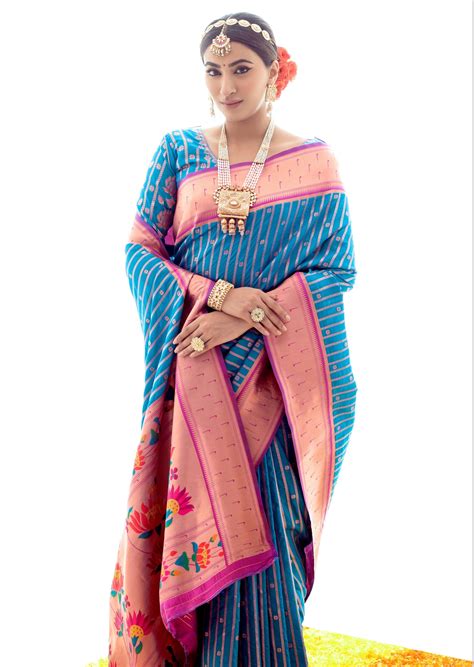 Pure Paithani Silk Blue Zari Border Saree Online Shopping USA & India ...