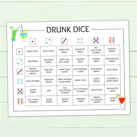 Printable Drunk Dice Game - Drinking Game for Adults - Alcohol Game ...