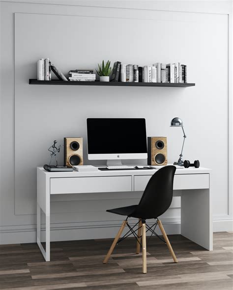 White Wooden Table with Computer Under the Bookshelf · Free Stock Photo