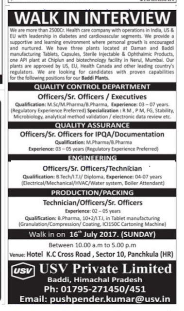 Pharma vacancy : Walk in for USV Pvt. Ltd. on 16 th July 2017 for Baddi