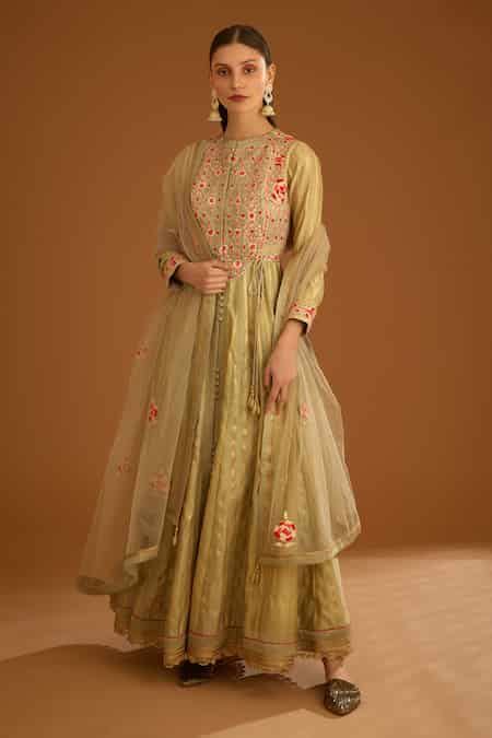 Buy Beige Modal, Chanderi, Net Embroidery, Gota Floral Work And Striped ...