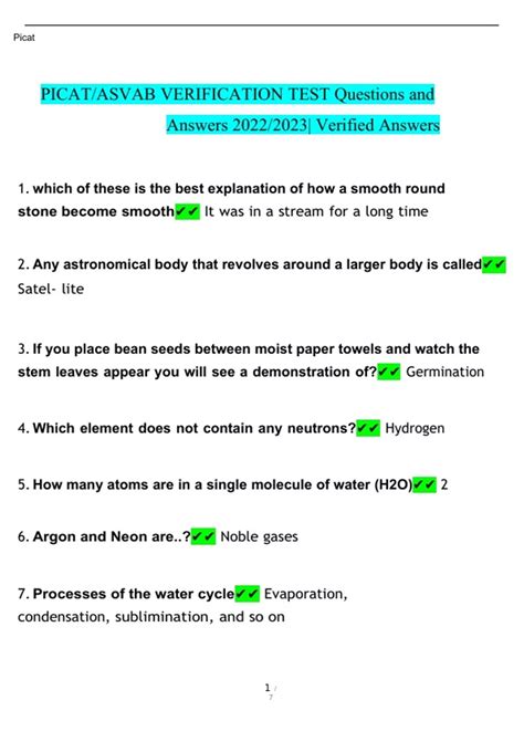 PICAT/ASVAB VERIFICATION TEST Questions and Answers (2022/2023 Verified ...