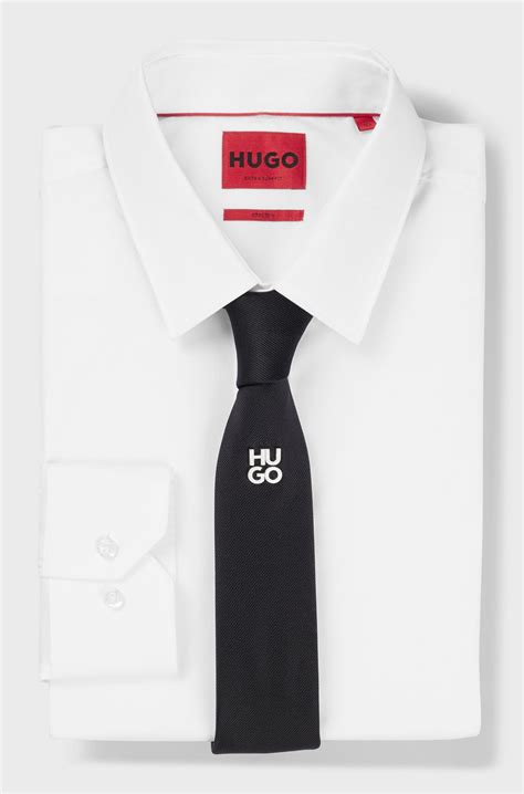 HUGO - Jacquard-woven tie with metallic stacked-logo trim - Black
