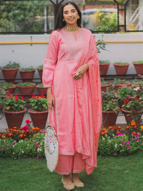 Buy Pink Embroidered Silk Blend Straight Kurta With Palazzos & Dupatta ...
