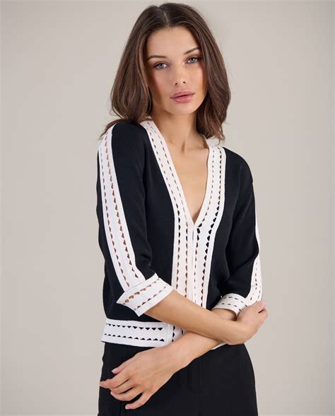 VIOLA Black Viscose Knit Half Sleeve Cardigan With White Triangular ...
