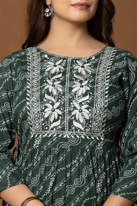 DARK GREEN BOHO A-LINE DRESS WITH GEOMETRIC PRINT AND EMBROIDERY ...