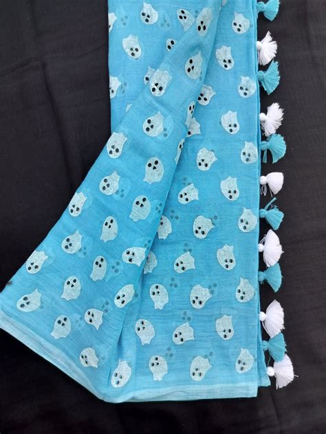 Sky Blue Ghost Print Mulmul Saree – The Loom Store