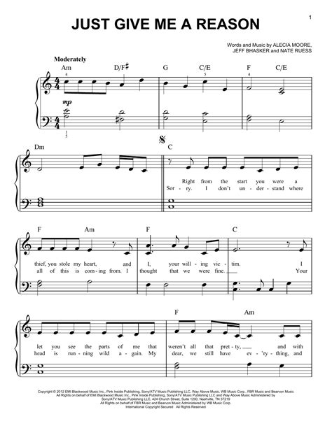 Just Give Me A Reason by P!nk Sheet Music for Easy Piano at Sheet Music ...