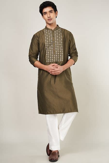Dark Olive Embroidered Festive Men Regular Fit Kurtas - Selling Fast at ...