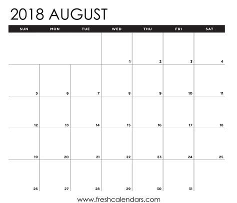August 2018 Calendar Color