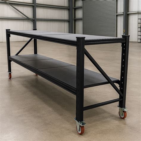 Steel Work Bench 2.4M x 0.6M x 1.03M On Castors Black – Hobbs Displays