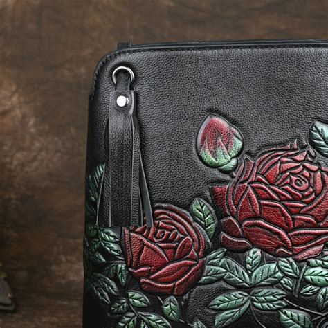 Floral Embossed Leather Crossbody Bucket Bag with Tassel – CRAZE