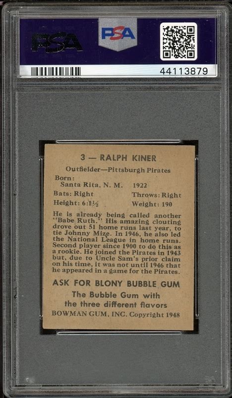 Lot Detail - 1948 Bowman #3 Ralph Kiner PSA 8.5 NM-MT+