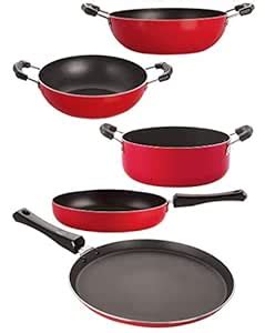 Nirlon Aluminium Cookware Set, 5-Pieces, Red and Black, 2.6mm_FT13_FP10 ...