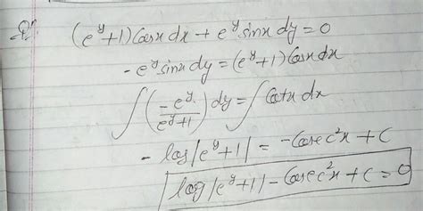 Solve (e^y+1)cos x dx+e^y sin x dy=0 - Brainly.in