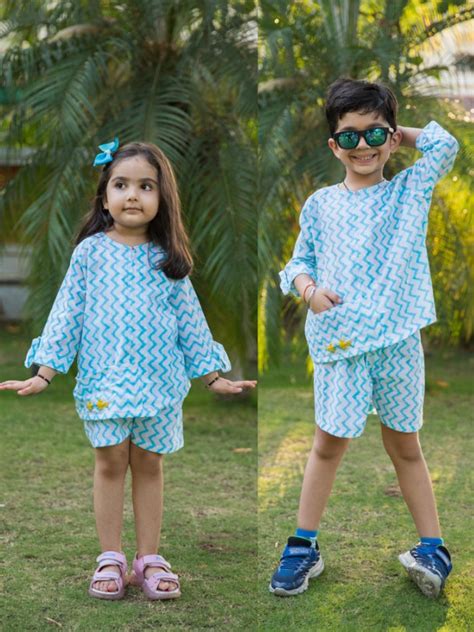 Boy & Girl Embroidered White & Blue Chevron Block Print Girl Co-ord Tw ...