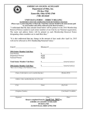American Legion Auxiliary Unit Data Form - Blank Fillable Template ...