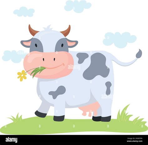 Happy cow eating grass on meadow. Cartoon smiling animal. Vector ...