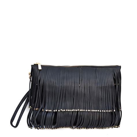 Buy Joker & Witch - Rivet Fringe Black PU Clutch Cum Sling bag Online