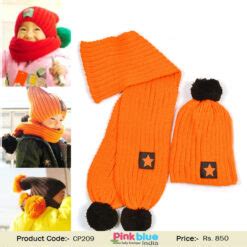 Baby Crochet Winter Hat with Muffler in Orange Color