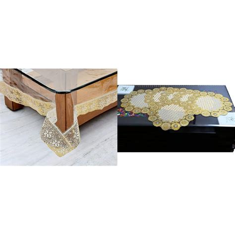 Buy Kuber Industries Transparent Golden Lace PVC 4 Seater Center Table ...