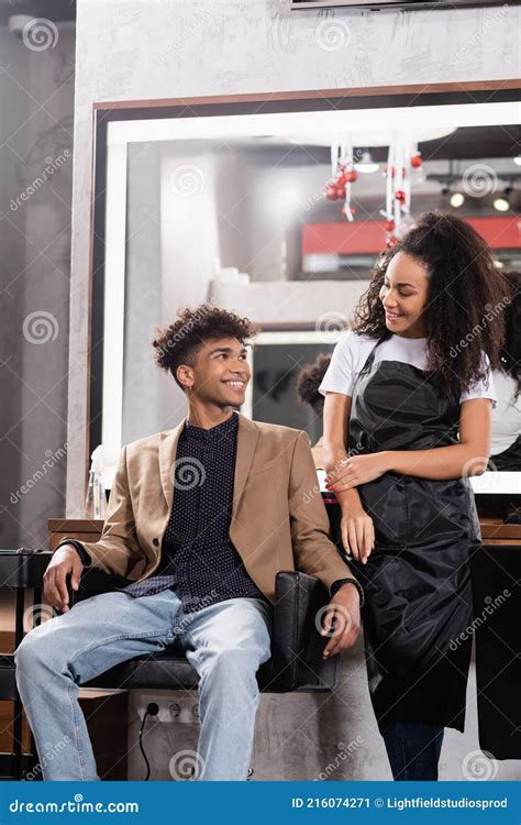 Cheerful African American Hairdresser and Client Stock Image - Image of ...