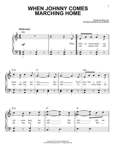 When Johnny Comes Marching Home (Very Easy Piano) - Print Sheet Music