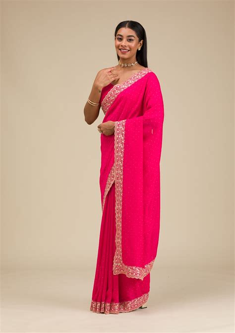 Buy Rani Pink Threadwork Soft Silk Saree - Koskii