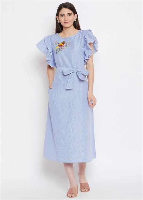 Get Bird Embroidered Stripes Frill Sleeves Midi Dress at ₹ 1049 | LBB Shop