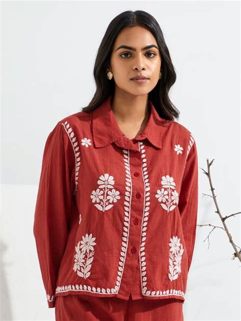 Rust Chikankari Embroidered Cotton Slub Co-ord Set- Set of 2