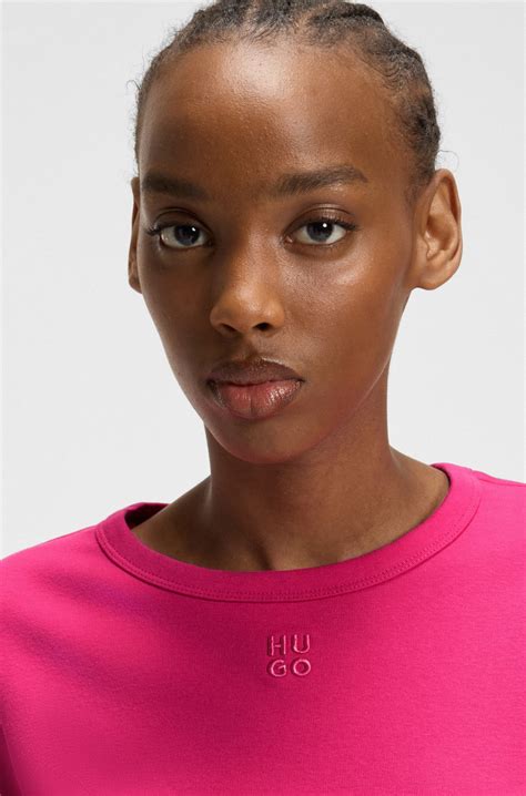 HUGO - Regular-fit T-shirt with stacked-logo embroidery - Pink