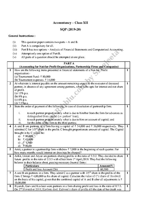 Class 12 Accountancy Sample Paper 2020: SQP with General Instructions ...