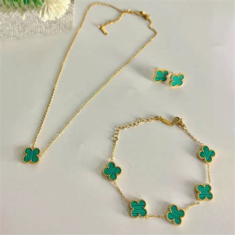 Buy Stainless Steel Gold Plated Set Of Green Anti Tarnish Clover ...