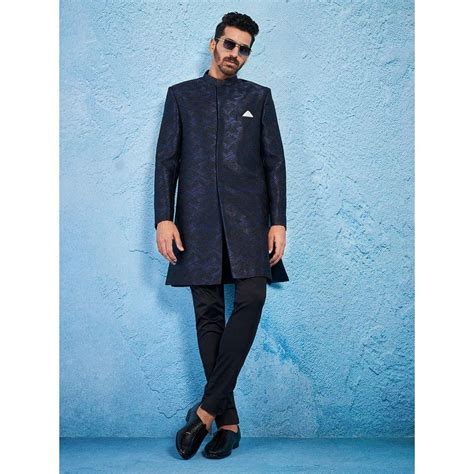 Buy Vastramay Men Silk Blend Jacquard Indo Western Sherwani with Pyjama ...